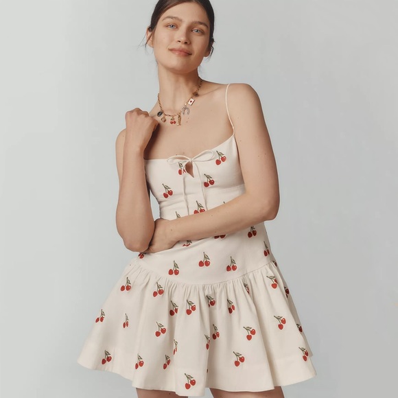 New Anthropologie Maeve Sweetheart Cherry Drop Waist Mini Dress Size L Large